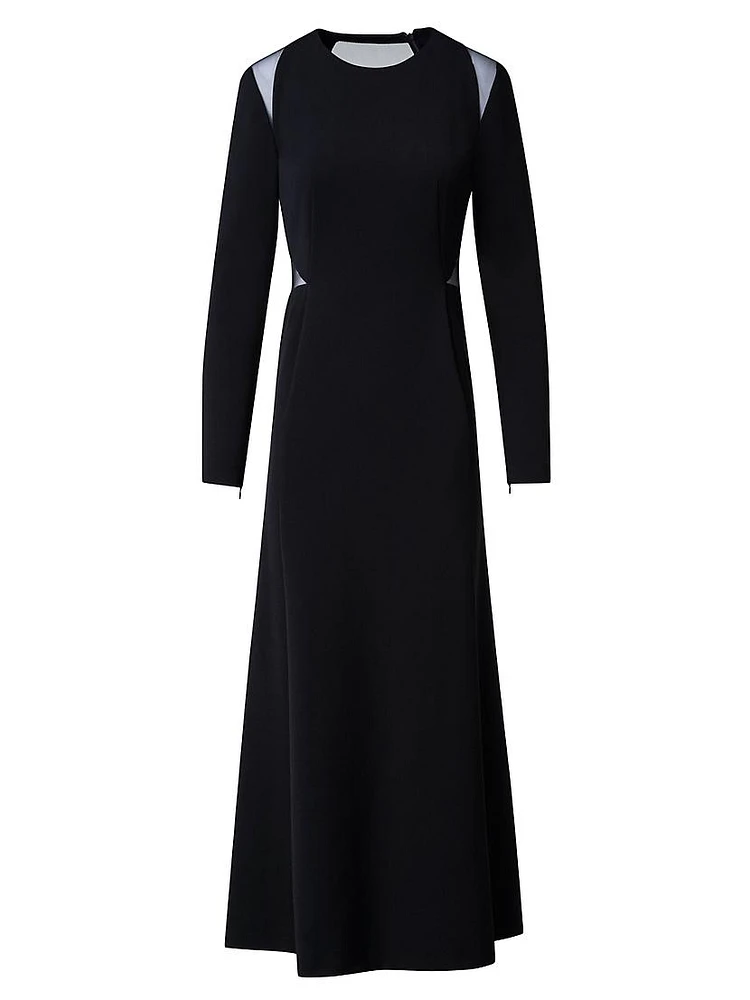 Trapezoid-Inset Silk Long-Sleeve Dress