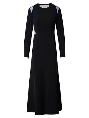 Trapezoid-Inset Silk Long-Sleeve Dress