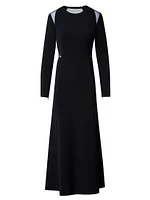 Trapezoid-Inset Silk Long-Sleeve Dress