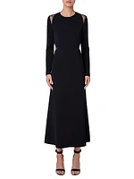 Trapezoid-Inset Silk Long-Sleeve Dress