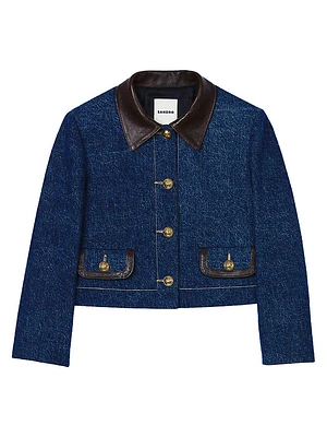 Denim Jacket with Leather Collar