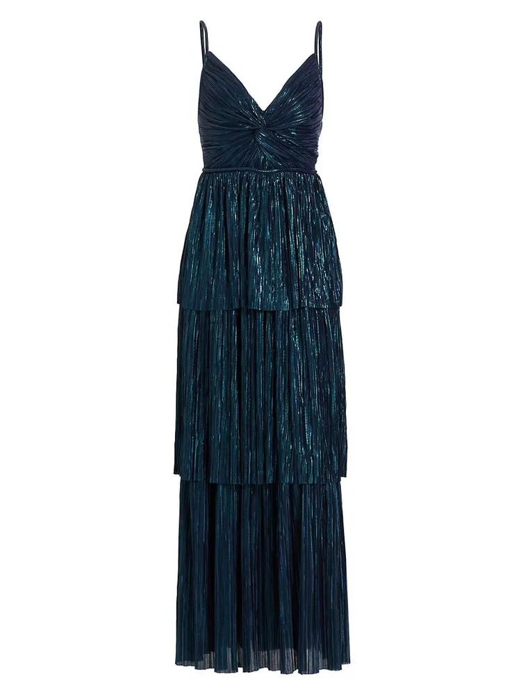 Doris Tiered Pleated Foil Knit Maxi Dress