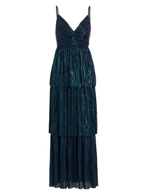 Doris Tiered Pleated Foil Knit Maxi Dress