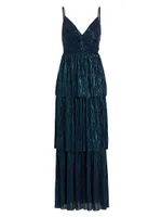 Doris Tiered Pleated Foil Knit Maxi Dress