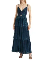 Doris Tiered Pleated Foil Knit Maxi Dress