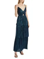 Doris Tiered Pleated Foil Knit Maxi Dress