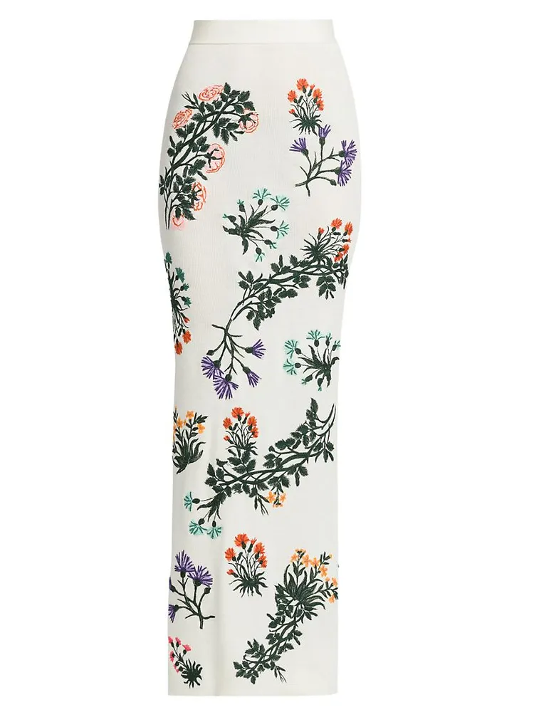 Embroidered Floral Rib-Knit Maxi Skirt