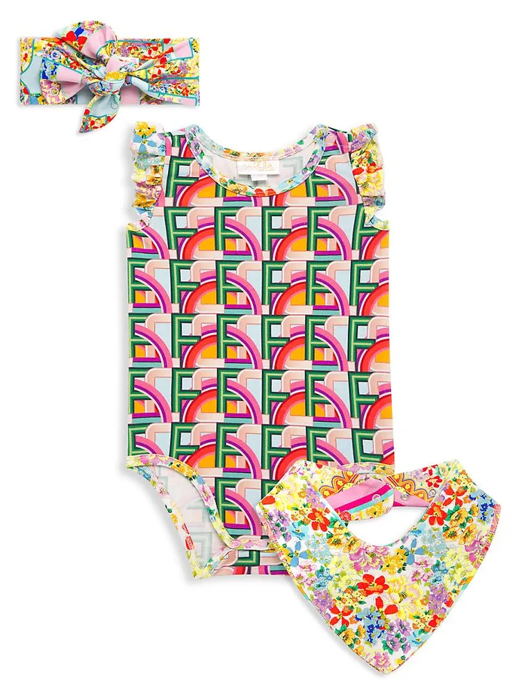 Baby Girl's Stretch Cotton Bodysuit, Bib & Headband 3-Piece Set