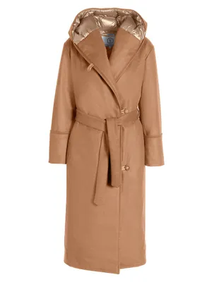 Wool-Blend Down Hooded Wrap Coat