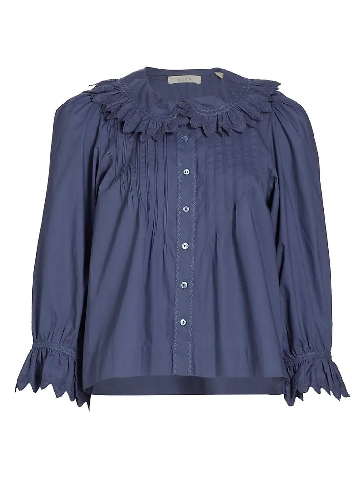 Hickory Cotton Poplin Ruffled-Sleeve Top