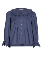 Hickory Cotton Poplin Ruffled-Sleeve Top