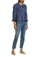 Hickory Cotton Poplin Ruffled-Sleeve Top