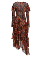 Alouette Printed Silk Asymmetric Maxi-Dress