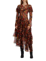 Alouette Printed Silk Asymmetric Maxi-Dress