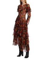 Alouette Printed Silk Asymmetric Maxi-Dress