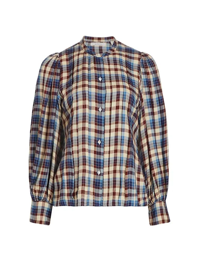 Harlow Plaid Blouson-Sleeve Blouse