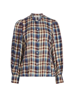 Harlow Plaid Blouson-Sleeve Blouse