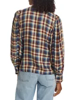 Harlow Plaid Blouson-Sleeve Blouse