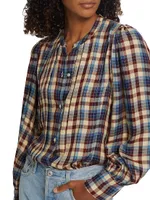 Harlow Plaid Blouson-Sleeve Blouse