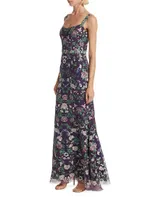 Floral-Embroidered Tulle Gown