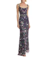 Floral-Embroidered Tulle Gown