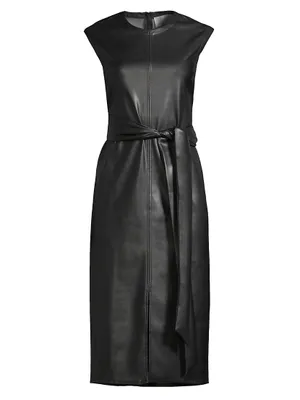 Pilar Belted Vegan Leather Midi-Dress