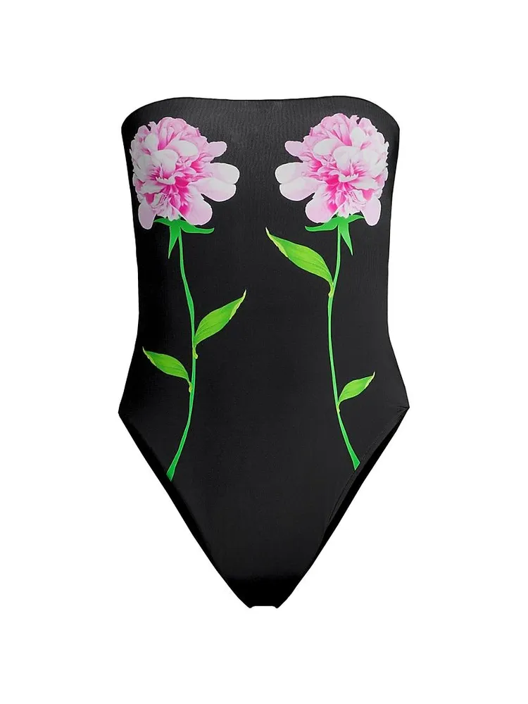 Peony Flower Strapless One-Piece Swimsuit