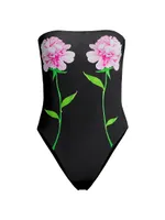 Peony Flower Strapless One-Piece Swimsuit