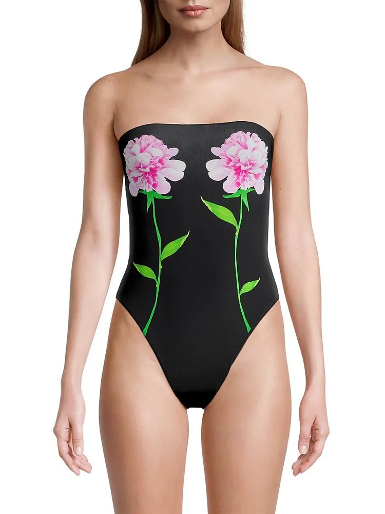 Peony Flower Strapless One-Piece Swimsuit