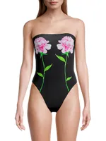 Peony Flower Strapless One-Piece Swimsuit