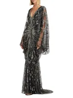 Beaded Sequin Wide-Sleeve Gown