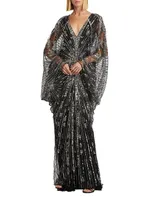 Beaded Sequin Wide-Sleeve Gown