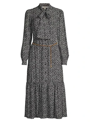 Leopard Tie-Neck Midi-Dress