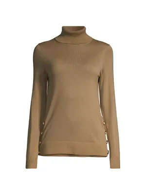 Side-Button Merino Wool Turtleneck Sweater