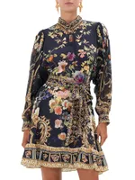 Drop Sleeve Floral Silk Fit & Flare Shirtdress