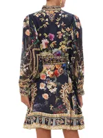 Drop Sleeve Floral Silk Fit & Flare Shirtdress