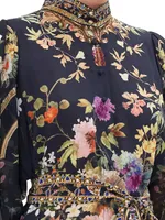 Drop Sleeve Floral Silk Fit & Flare Shirtdress