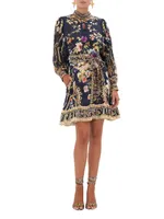 Drop Sleeve Floral Silk Fit & Flare Shirtdress