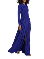 Jersey Draped Long-Sleeve Gown