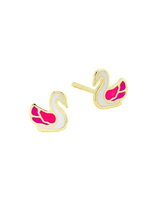 Kid's 14K Gold & Enamel Swan Stud Earrings