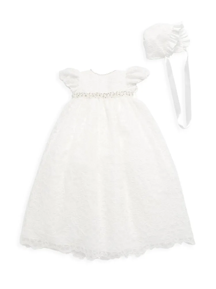 Baby Girl's Beaded Lace Dress & Bonnet Set