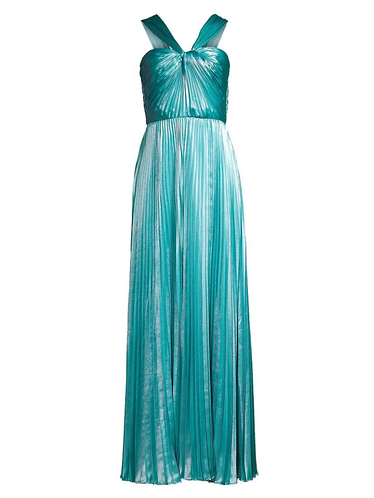 Zoey Plissé Lamé Twist-Front Gown