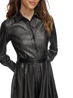 Vintage Glam Faux-Leather Midi-Shirtdress