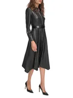 Vintage Glam Faux-Leather Midi-Shirtdress