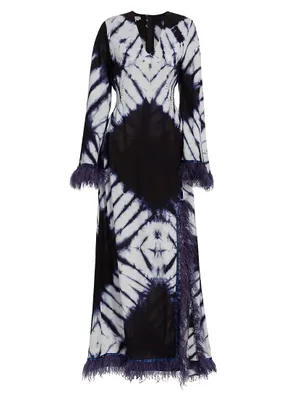 Moji Hand-Dyed Feather-Trim Maxi Dress