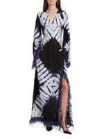 Moji Hand-Dyed Feather-Trim Maxi Dress