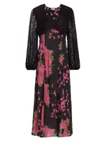 Melanie Floral & Velvet Silk Midi-Dress