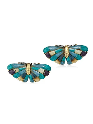 Marquetry 18K Yellow Gold, Wood & 0.11 TCW Diamond Butterfly Earrings