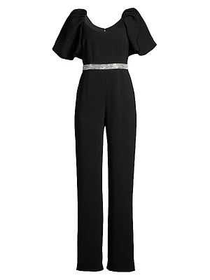 Crystal-Embellished Puff-Sleeve Jumpsuit