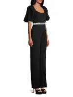 Crystal-Embellished Puff-Sleeve Jumpsuit